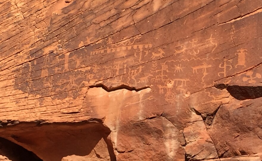 Native American tribes have been documenting a recent rise in vandalism and other damage to ancient petroglyphs and other artifacts in Gold Butte. Here, two bullet holes were pocked into a carving.