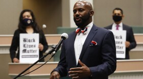 Assemblyman Mike Gipson, D-Carson, accompanied by other lawmakers discusses the measure he is introducing to make it "illegal to use the choke hold and carotid artery restrain tactics to forcibly detain a suspect," during a news conference in Sacramento, Calif., Monday, June 8, 2020.