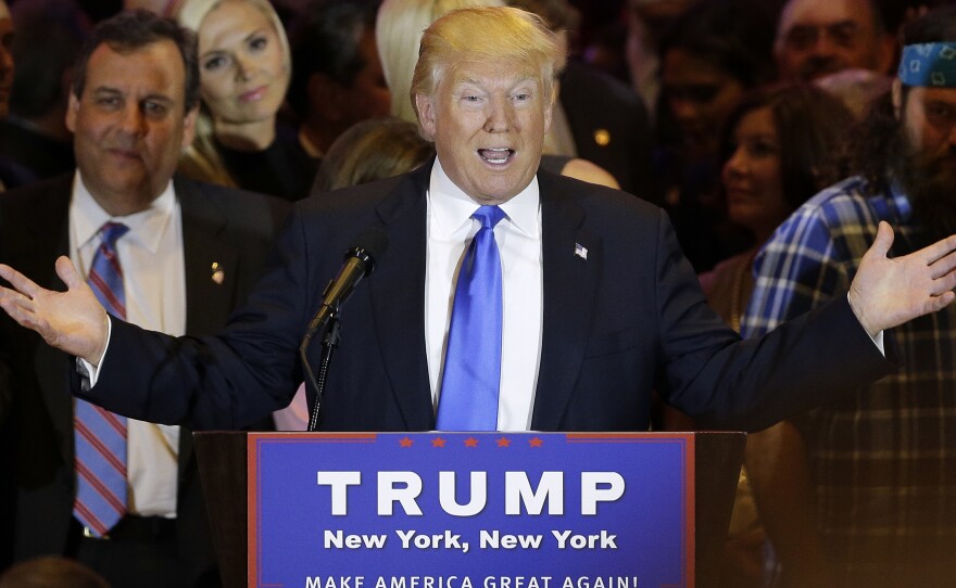 Republican presidential candidate Donald Trump speaks during a primary night news conference Tuesday in New York City.