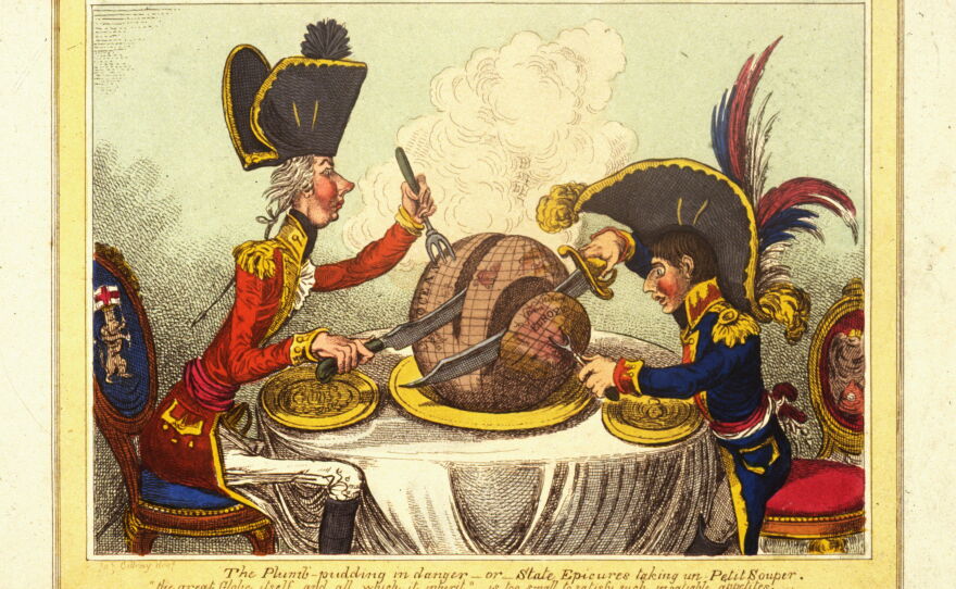 An 1805 cartoon by James Gillray, showing British Prime Minister William Pitt and French leader Napoleon Bonaparte carving up the world between them. In some ways, experts say, AI is turning into just another way to use art for satire.