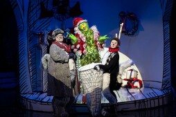John Treacy Egan as Old Max, Andrew Polec as The Grinch, and Tommy Martinez as Young Max in "Dr. Seuss's How the Grinch Stole Christmas!," 2021