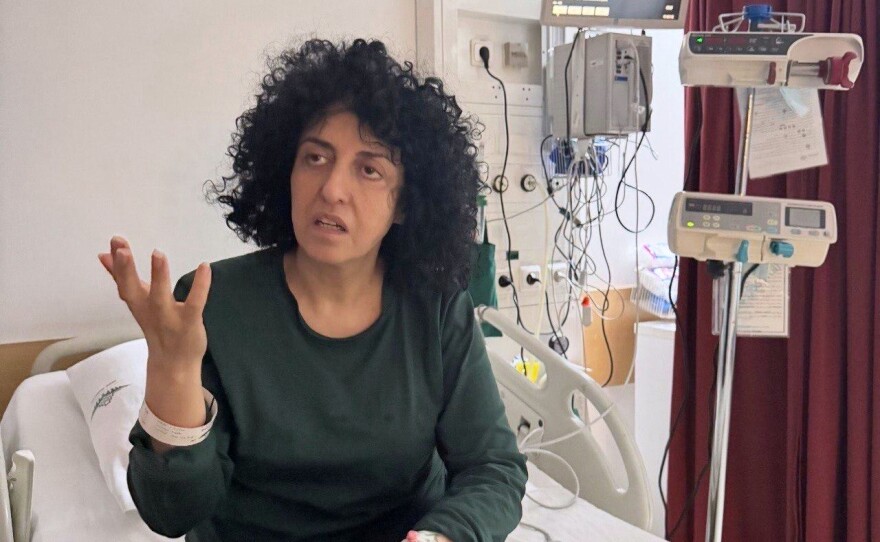 Prominent Iranian human rights activist Narges Mohammadi in a hospital in Tehran, Iran on May 10, 2026.