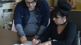 Lileana Robles (right) works at the advocacy group Alliance of Californians for Community Empowerment, March 17, 2017.