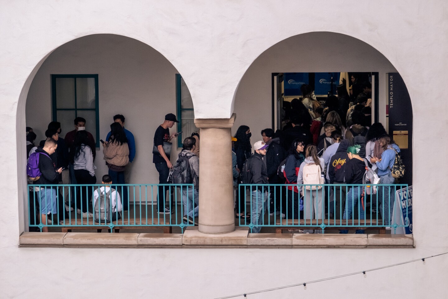 Students crowd into the on-campus polling place at San Diego State University, Nov. 8, 2022.