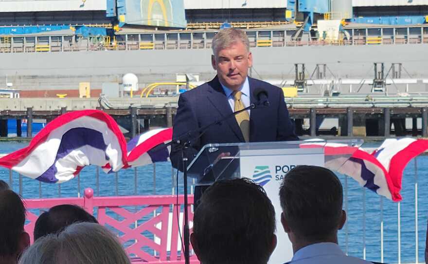 San Diego Board of Port Commissioners Chairman Dan Malcolm delivers remarks at a signing ceremony in Cesar Chavez Park on September 20, 2022.