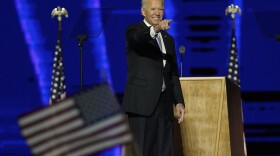 President-elect Joe Biden gestures on stage after speaking in Wilmington, Del., Saturday, Nov. 7, 2020. 