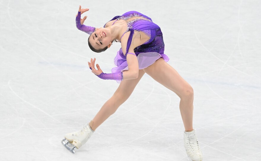Kamila Valieva of Team ROC skates during the women's short program at the Beijing 2022 Winter Olympic Games on Feb. 15, 2022 in Beijing, China.