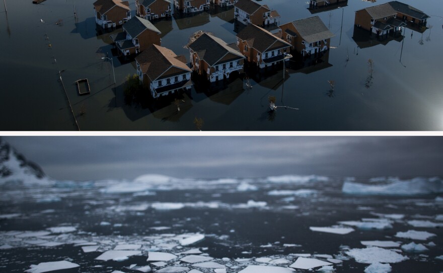 (Top image) A September 2005 aerial photo of a flooded New Orleans in the days following Hurricane Katrina. The storm's surge of floodwaters burst through levees, killing more than 1,800 people and flooding 80% of the city. (Bottom image) Fractured sea ice near the western coast of the Antarctic Peninsula in November 2017.