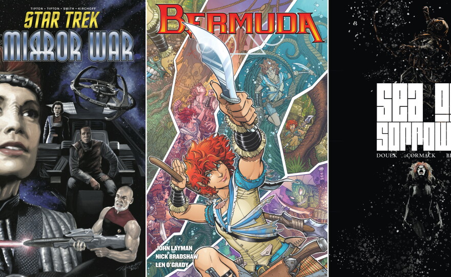 This week's comic book releases from IDW Publishing: "Star Trek: The Mirror War #4," "Bermuda" Trade Paperback, and "Sea of Sorrows" Trade Paperback.