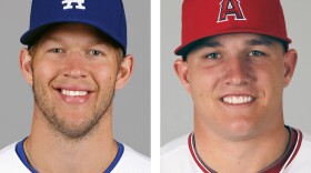 Los Angeles Dodgers pitcher Clayton Kershaw, left, and Los Angeles Angels center fielder Mike Trout, are shown in these 2014 file photos.
