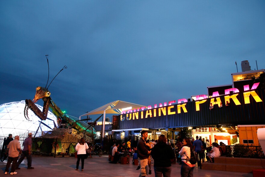 The Container Park in April 2014. Zappos CEO Tony Hsieh is spearheading the Downtown Project, an effort to revitalize downtown Las Vegas.
