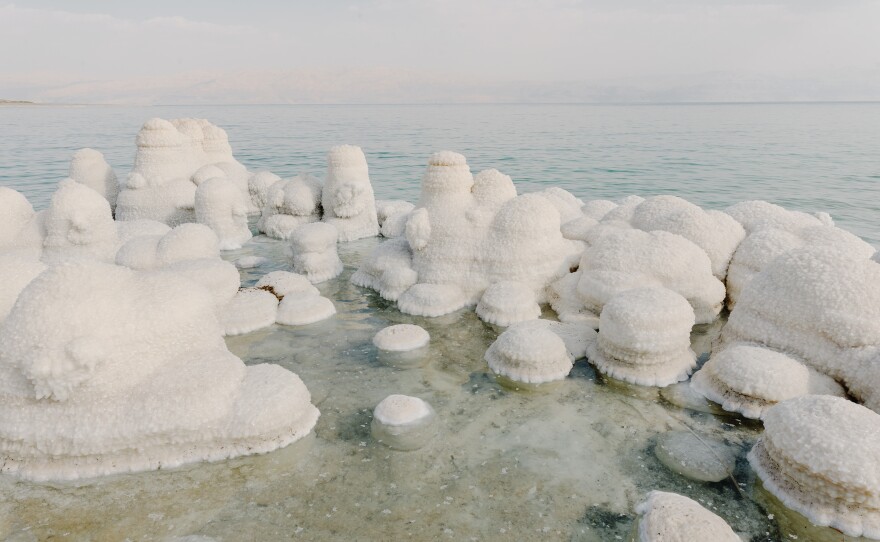 Salt formations are revealed where the Dead Sea waters have dried up.