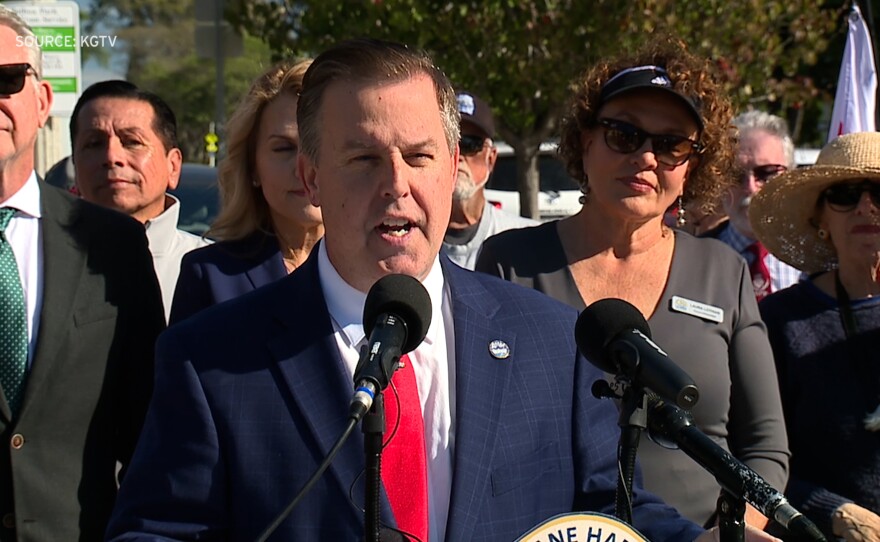 Chula Vista Mayor John McCann is shown at a news conference in Balboa Park on January 12, 2026.