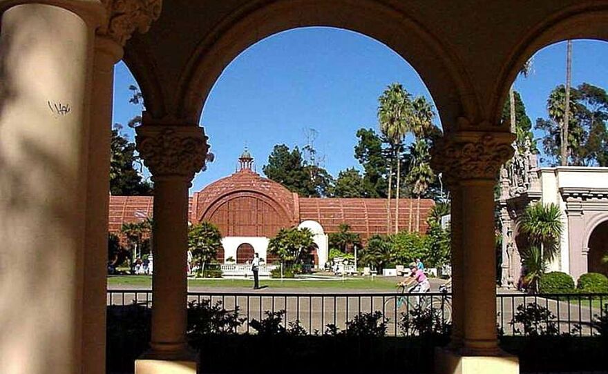 The Botanical Building is seen between columns of a walkway at Balboa Park in San Diego in this undated photograph.