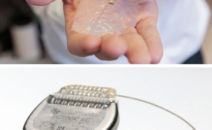 Two devices were implanted into the monkeys' bodies: (above) a tiny electrode array in the brain and another (below) in the lower spine to signal leg muscles when to move.