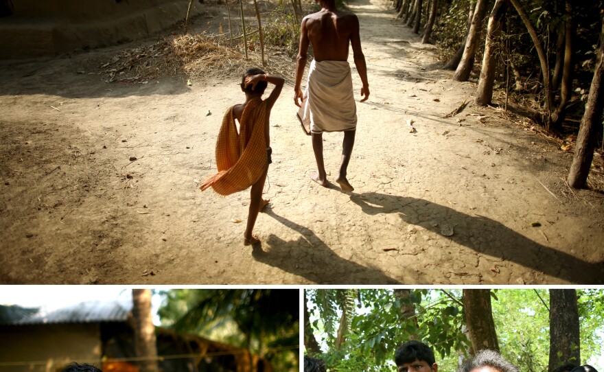 Thousands have been relocated from Ghoramara island to nearby Sagar island, including (counterclockwise from top) Sushil Mali, who walks with his grandson; and Muntaz Sheikh and his wife, Zarina Bibi. Debendra Tarek, 80, standing with other villagers, has stayed on Ghoramara.