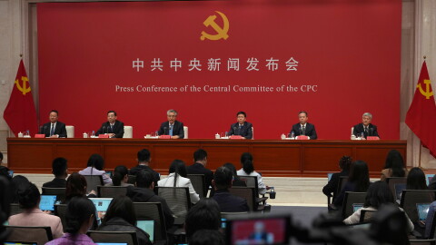 From left Wang Gang, moderator; Hu Heping, Executive Vice Minister of the Publicity Department of the CPC Central Committee; Zhang Fuhai, Deputy Secretary of the Central Commission for Discipline Inspection of the CPC and Vice Chairman of the National Commission of Supervision; Huang Jianfa, Executive Vice Minister of the Organization Department of the CPC Central Committee; Tang Fangyu, Director of the Policy Research Office of the CPC Central Committee; Xie Chuntao, Executive Vice President of the Party School of the CPC Central Committee (National Academy of Governance) hold a press conference a day after the Communist Party Central Committee's fifth plenum close in Beijing, Friday, Oct. 30, 2026.