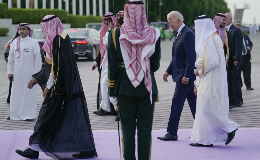 President Biden arrives at King Abdulaziz International Airport on Friday in Jeddah, Saudi Arabia.