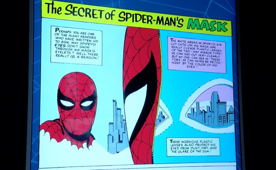 Spider-Man: Beyond Amazing - The Exhibition does not have many comic books but it does spotlight many covers and panels on monitors and light boxes.