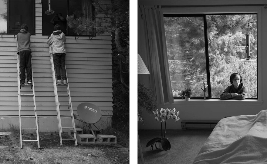 Max and Finn Griswold climb ladders to talk to their grandmother, Mary Lee Griswold, during a visit by hospice nurse Myla Becker on June 5, 2020. Griswold spent her last days in hospice on the second floor of the Enso House, a Zen retreat. Because of the pandemic, her family had to find creative ways to be with her during her final hours.