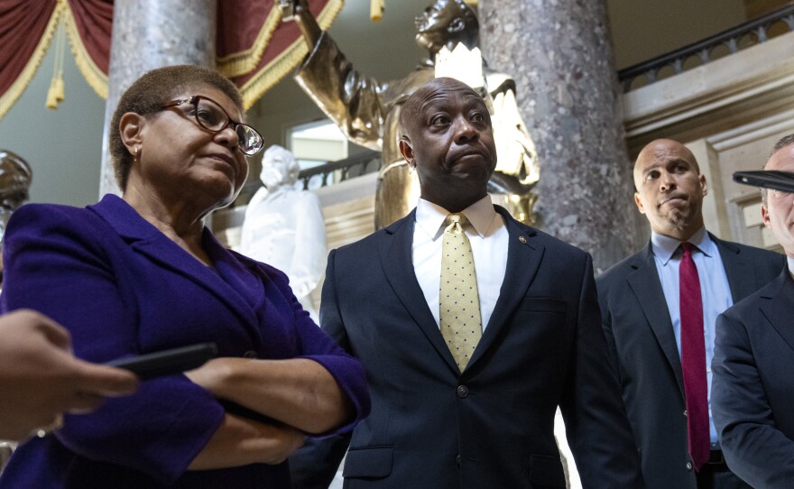 Rep. Karen Bass, D-Calif., Sen. Tim Scott, R-S.C., and Sen. Cory Booker, D-N.J. have been leading bipartisan negotiations over policing reform for months. Those talks have now ended with no agreement.