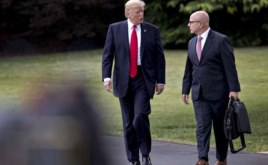 President Donald Trump, left, and H.R. McMaster, now former national security advisor, walk toward Marine One on the South Lawn of the White House in Washington, D.C., on June 16, 2017.