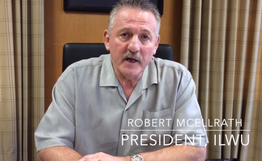 A screen grab of ILWU President Robert McEllrath addressing the union's West Coast members in a video posted on YouTube, Feb. 11, 2015.