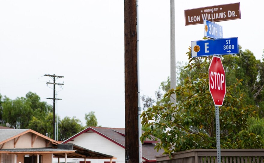 A sign on E Street in Golden Hill marks a section of the street that was named for Leon Williams, Sept. 28, 2021. 