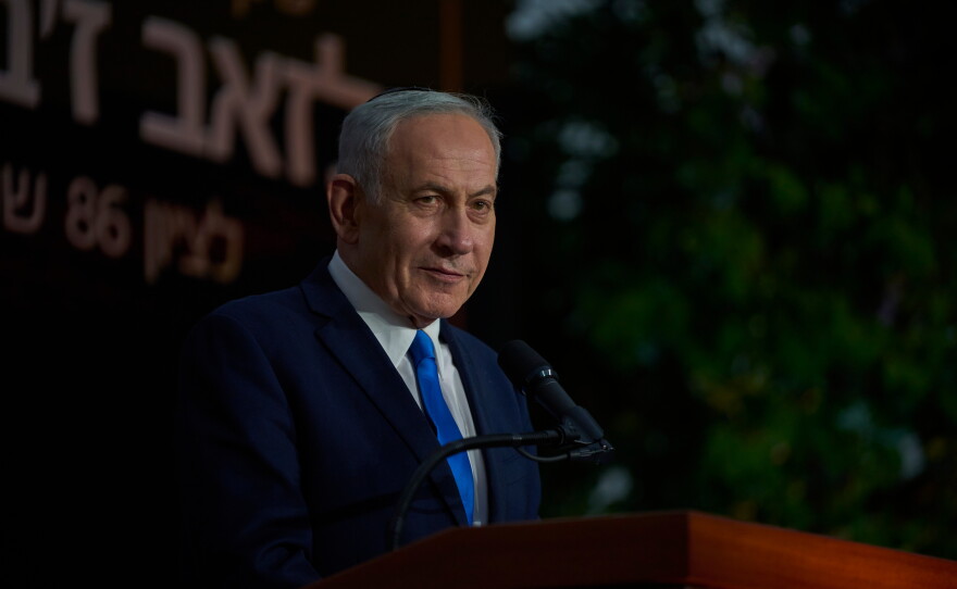 Israeli Prime Minister Benjamin Netanyahu speaks at the state memorial for Ze'ev Jabotinsky, at Mount Herzl Military Cemetery in Jerusalem, Tuesday, July 14, 2026.