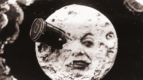Georges Méliès' "A Trip to the Moon" and this famous image of a rocketship in the eye of the Man in the Moon inspired the title of Jean-François Alcoléa's "Right in the Eye: Live Movie Concert of Georges Méliès' Films. (1902)