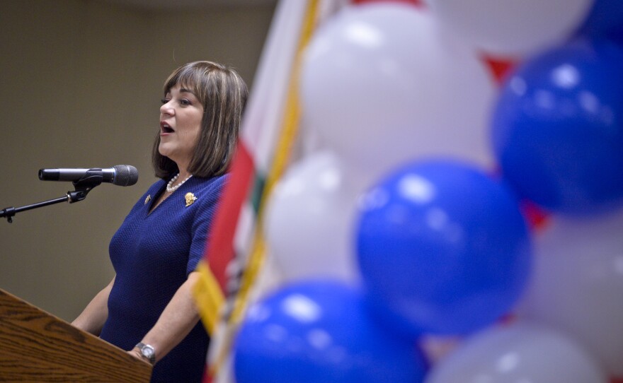 Rep. Loretta Sanchez speaks to supporters, Nov. 8, 2016.