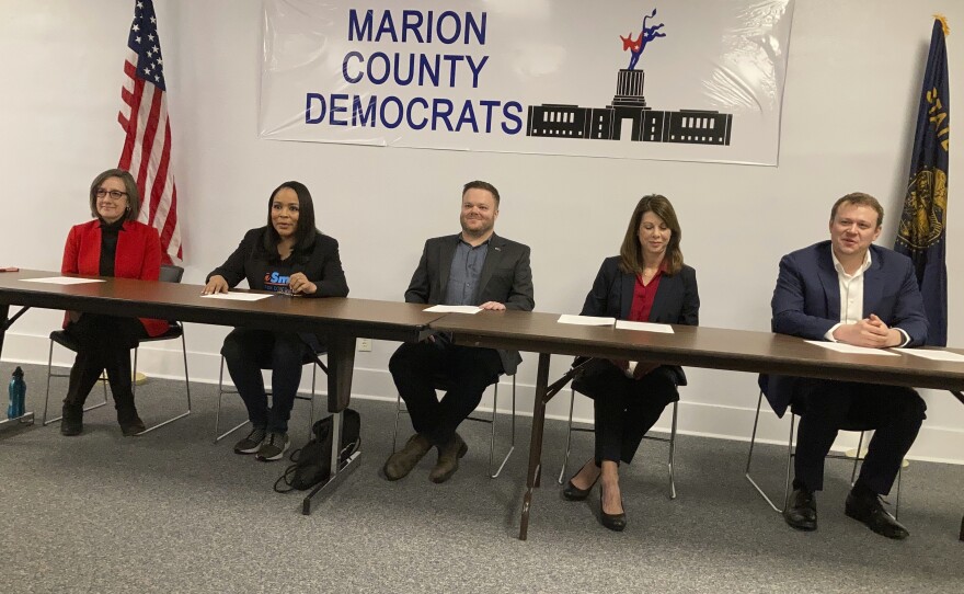 6th District Democratic candidates appear before the media in Salem, Ore., on April 12, 2022, to denounce the House Majority PAC's support for Flynn. From left: Andrea Salinas, Loretta Smith, Cody Reynolds, Kathleen Harder and Matt West.