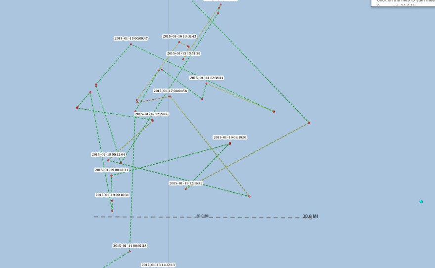 SkyTruth followed the ship Shin Jyi Chyuu 33 during one week last month. Planes are connected to a satellite network just like ships, but the information is only collected if the airline pays for it.
