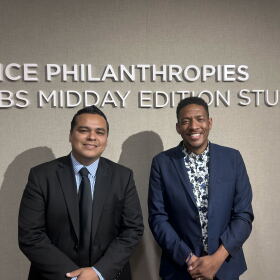 National City mayoral candidates and councilmembers Jose Rodriguez and Marcus Bush pose at KPBS' Midday Edition studio on October 26, 2026.