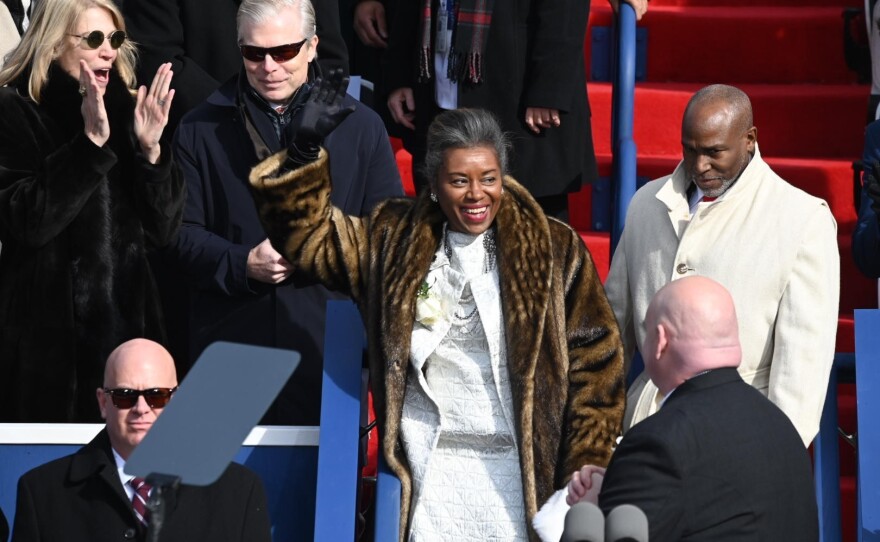 Republican Winsome Sears waves to stands of supporters just before taking the oath of office for lieutenant governor in Richmond, Va. on Sat. Jan 15, 2022.