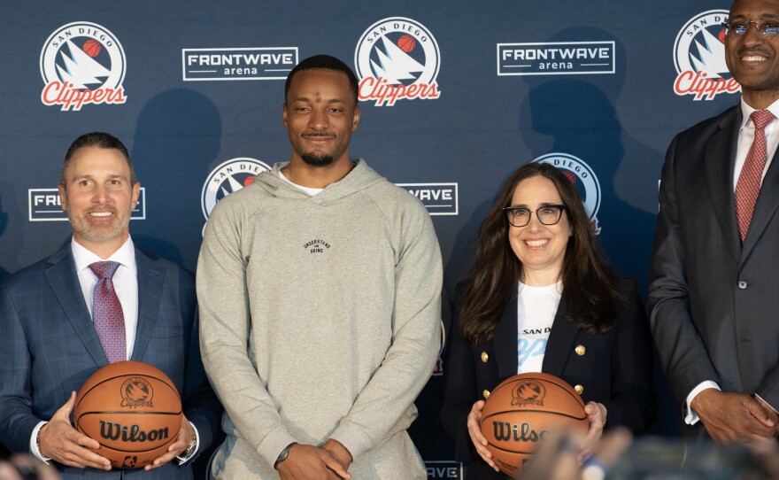 From the left, Josh Elias, Frontwave Arena CEO, LA Clippers guard Norman Powell, Halo Sports and Entertainment CEO Gillian Zucker, NBA G League President Shareef Abdur-Rahim on March 11, 2024.