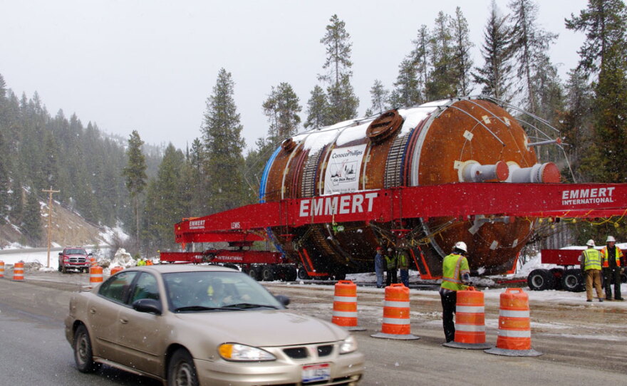 A coke drum waits along Montana's U.S. Highway 12 during a dry-run shipment in early March. The load can travel only late at night and is destined for a new oil refinery in Billings, Mont.