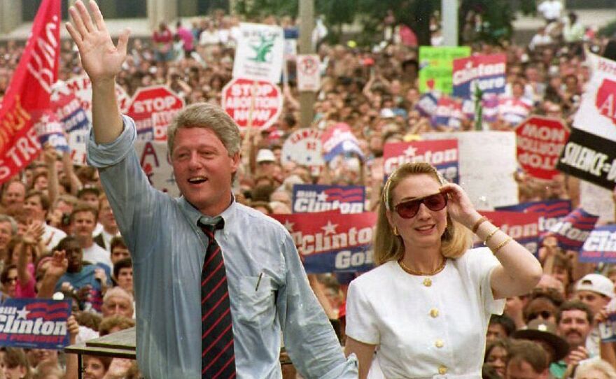 Bill and Hillary Clinton campaign in St. Louis in 1992 before a crowd of 40,000.