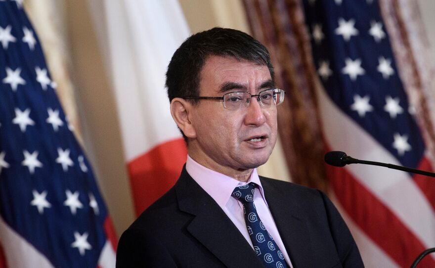 Japan's Foreign Minister Taro Kono plans to ask overseas news outlets to write Japanese names with the family name first, as is the custom in Japan. Kono is seen here last month in Washington.