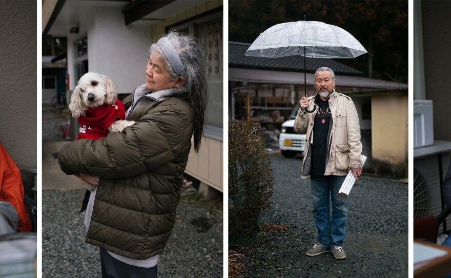 From left: Shuichi Kanno, Shigeko Hoshino, Hiroyuki Shima and Hachiro Endo are neighbors who moved back to Fukushima after the nuclear disaster and who get regular visits from monkeys that eat fruits and vegetables from their gardens.