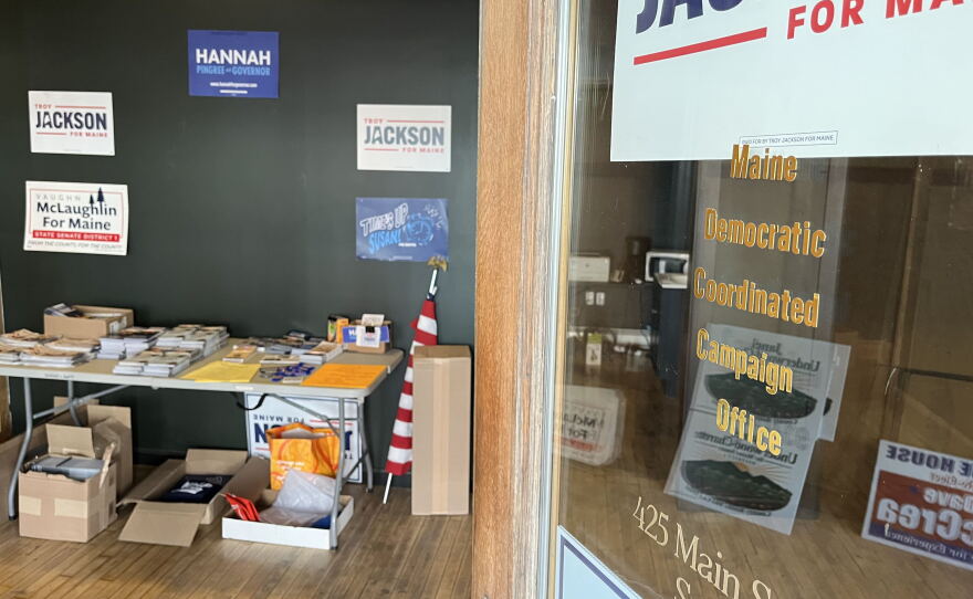 Campaign flyers and signs lay stored at the Maine Democratic Coordinated Campaign Office in Presque Isle, Maine.
