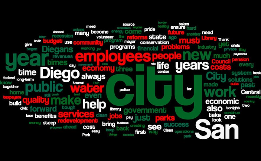 In comparison, here's a "word cloud" of the mayor's 2009 State of the City Address. The words in red highlight some of the topics the mayor emphasized with greater prominence in both this year's and last year's addresses.