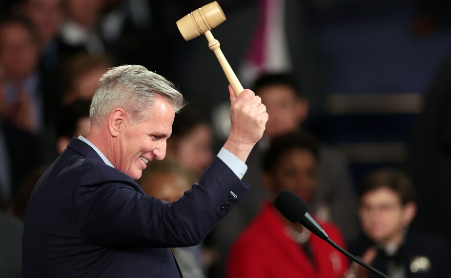 Speaker of the House Kevin McCarthy (R-CA) celebrates with the gavel after being elected as speaker.