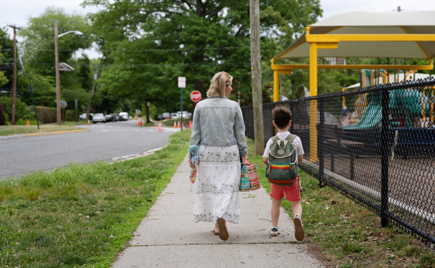 Dani Bensky walks her 6-year-old son to school in New Jersey.