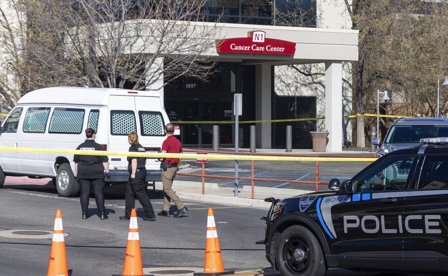 A police vehicle is parked outside Saint Alphonsus Regional Medical Center in Boise, Idaho, on Wednesday, March 20, 2024.