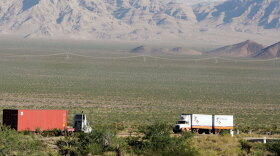 Traffic passes on Interstate 15 along the eastern Mojave Desert in California.