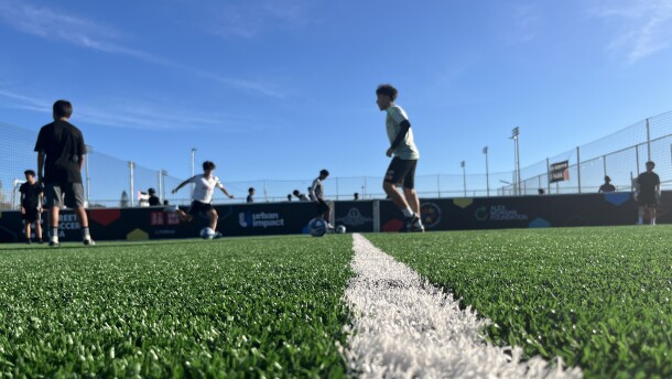 Young kids kick around soccer balls on the turf fields at Adam R. Scripps Street Soccer Park, Feb. 25, 2026.