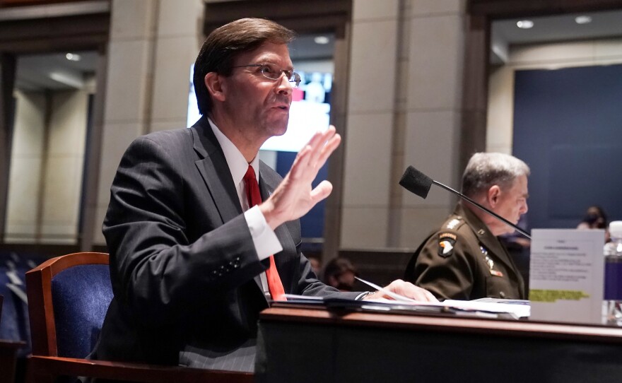 Defense Secretary Mark Esper (left) and Gen. Mark Milley, chairman of the Joint Chiefs of Staff, testify Thursday before a House Armed Services Committee hearing.