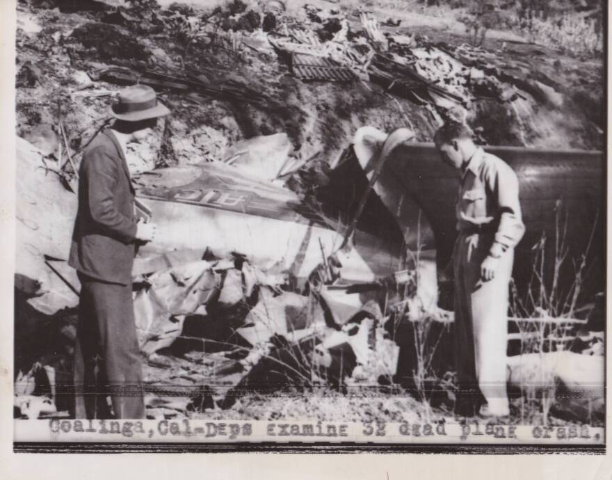 Officials examine the wreckage from the January 1948 plane crash near Coalinga.