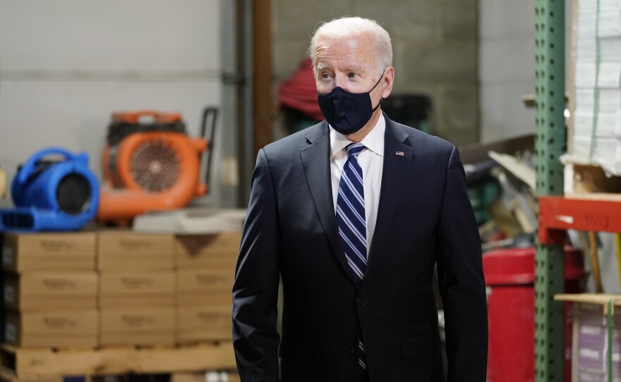 President Joe Biden at Smith Flooring, Inc., in Chester, Pa., Tuesday